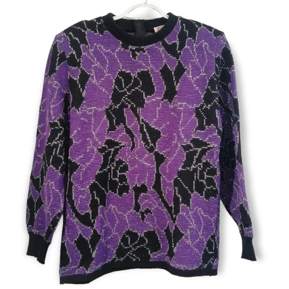 Vintage 80s D'Allairds Purple and Black Knit Metallic Floral Sweater Small - Picture 15 of 15